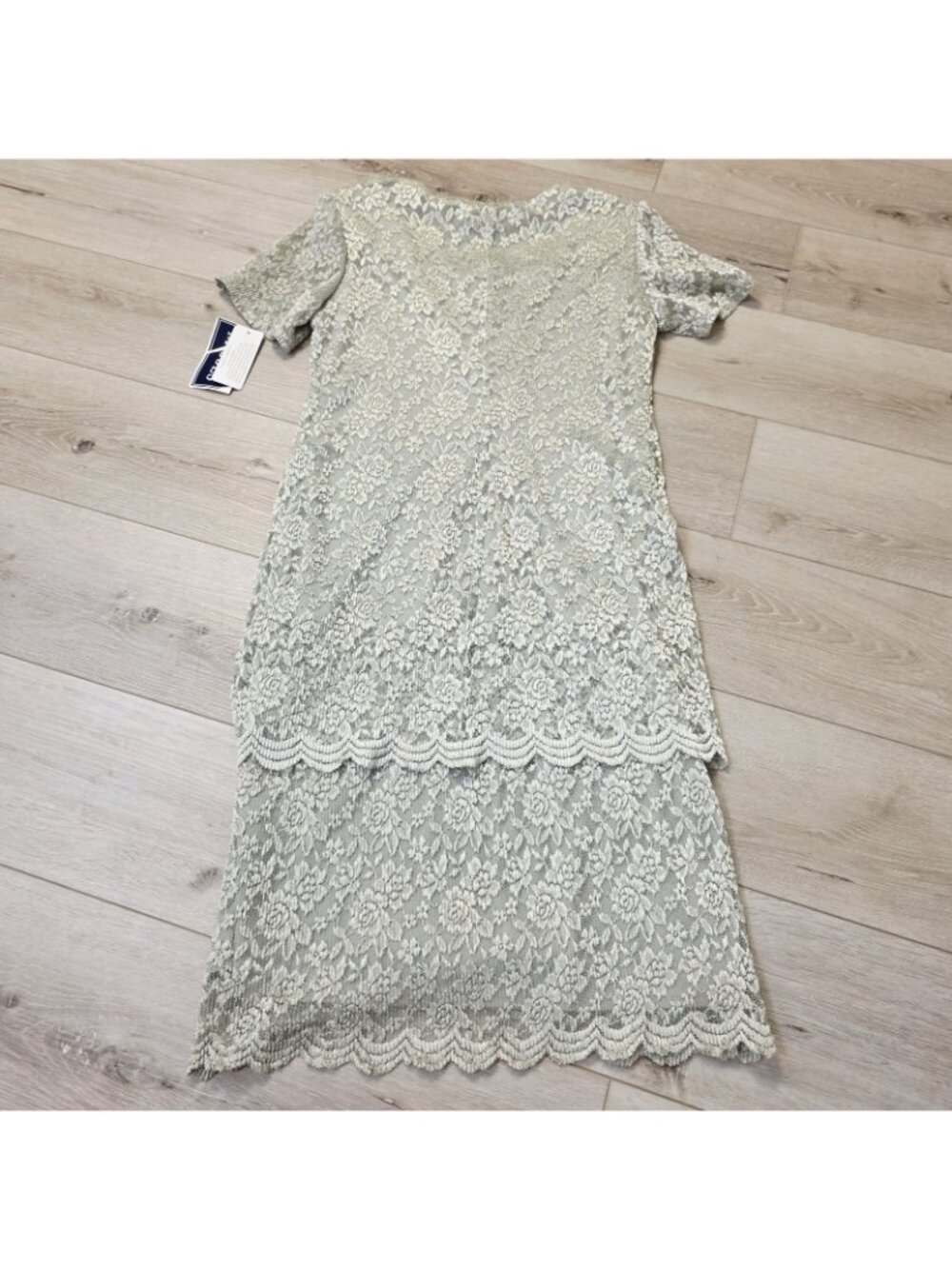 Vtg Helene Blake Pale Green Floral Lace Layered Tiered Stretch Dress Sz 12 - Picture 8 of 8